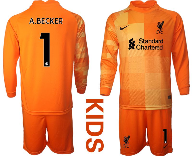 Youth 2021-2022 Club Liverpool orange red goalkeeper long sleeve #1 Soccer Jersey->youth soccer jersey->Youth Jersey